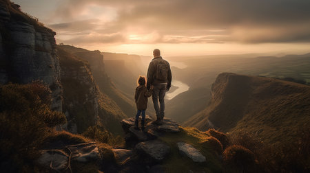 Father and son standing on the edge of a cliff and looking at the sunsetの素材