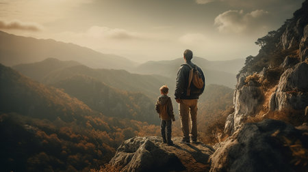 Father and son standing on the edge of a cliff and looking at the valleyの素材