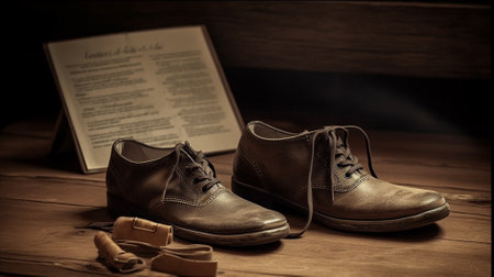Men's leather shoes on a wooden background with a book and beltの素材