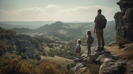 Back view of father and daughter standing on the edge of cliff and looking at valleyの素材