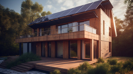 Modern wooden house with solar panels on the roof. 3d renderingの素材