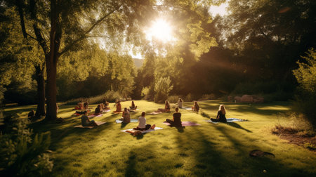 Group of people practicing yoga in the park at sunset. Concept of healthy lifestyle and relaxation.の素材