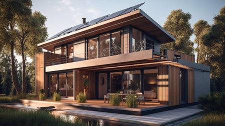 3d rendering of modern cozy house with pool and parking for sale or rent in luxurious style. Summer evening with warm light from window.の素材
