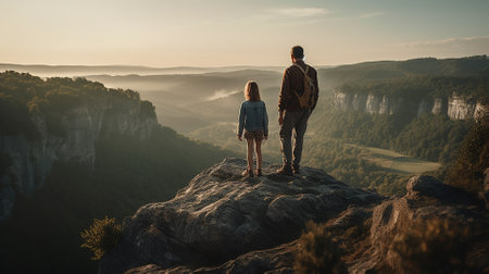 Young couple standing on the edge of cliff and looking at misty valley.の素材