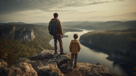 Father and son stand on the edge of cliff and look at beautiful landscape.の素材