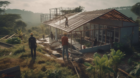 Workers are working on the construction of a house in the countryside.の素材