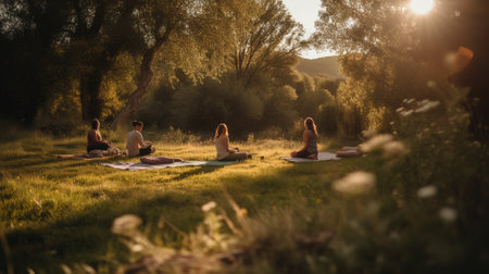 Young couple practicing yoga in nature at sunset. Concept of healthy lifestyle and relaxation.の素材
