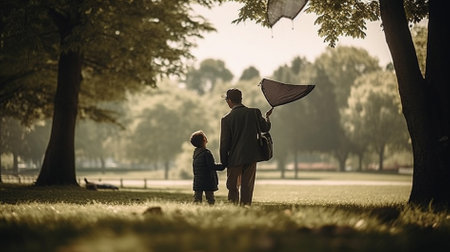 Father and son walking in the park with umbrella. Concept of friendly family.の素材
