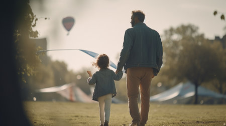 Young father and his little daughter playing with a kite in the parkの素材