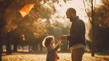 Father and daughter playing with kites in autumn park. Happy family concept.の素材