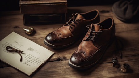 Brown leather men's shoes on a wooden table with a book.の素材