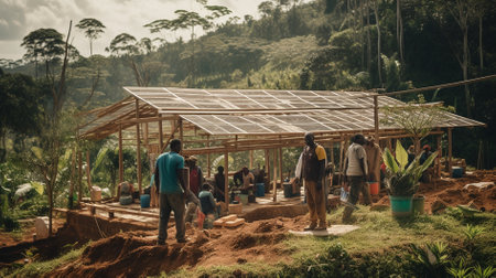 People working in the garden with solar panel on the roof of a houseの素材