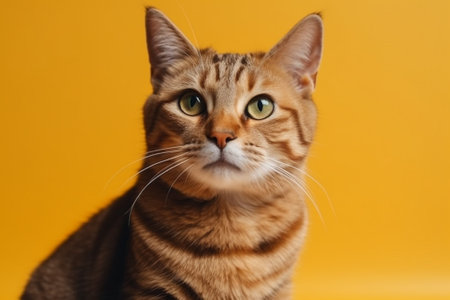 Portrait of a beautiful bengal cat on a yellow backgroundの素材