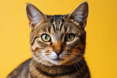 Portrait of a cat with green eyes on a yellow background.の素材