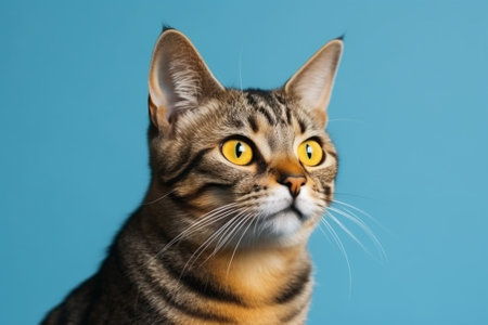Portrait of a tabby cat with yellow eyes on a blue backgroundの素材
