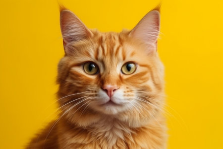 Portrait of a ginger cat on a yellow background. Studio photo.の素材