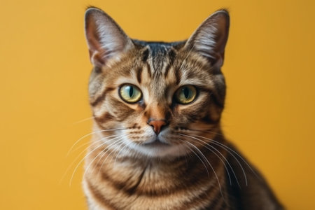 Portrait of a beautiful bengal cat on a yellow backgroundの素材