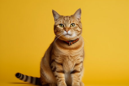 Portrait of a red cat with green eyes on a yellow backgroundの素材