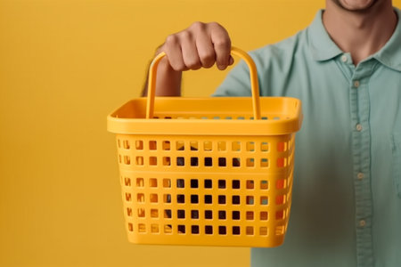 A man holds a yellow shopping basket on a yellow background. Close-up.の素材