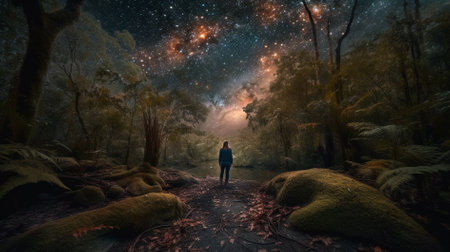Woman walking on the path through the forest at night. 3d renderingの素材