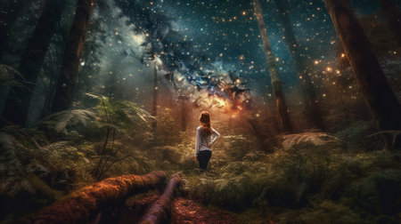 Young woman walking in the night forest with stars in the sky.の素材