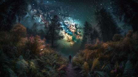 Fantasy landscape with a man walking in the forest. 3D Renderingの素材