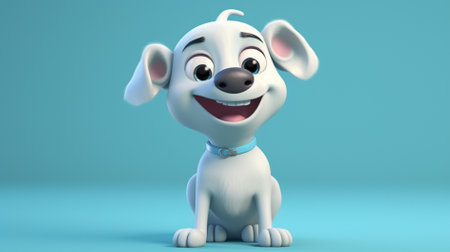 Cute cartoon dog on a blue background. 3d rendering.の素材