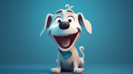 Cute cartoon dog isolated on blue background. 3d rendering.の素材