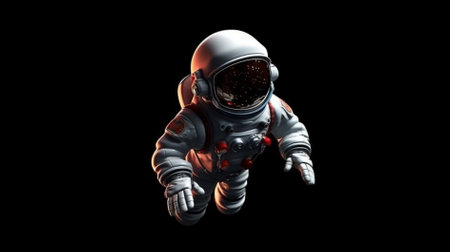 Astronaut in space suit flying on black background. Mixed mediaの素材