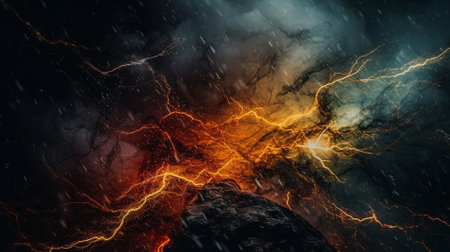 Abstract image of lightning striking a rock in space, 3D renderingの素材