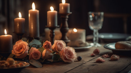 Romantic table setting with roses and candles. Selective focus.の素材