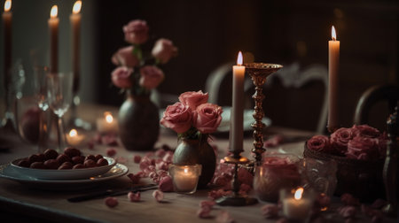 Romantic table setting with roses and candles. Selective focus.の素材