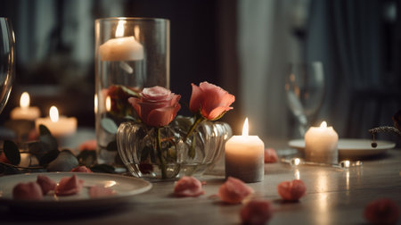 Romantic table setting with roses and candles. Selective focus.の素材