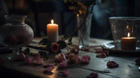 Romantic still life with rose petals, candles and candlesticks.の素材
