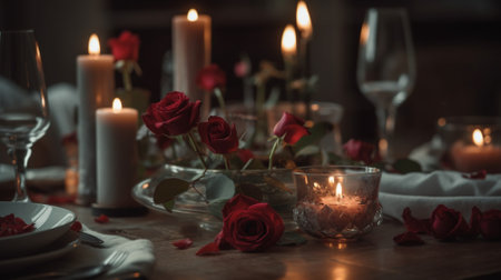 Romantic dinner table setting with red roses and candles. Selective focus.の素材