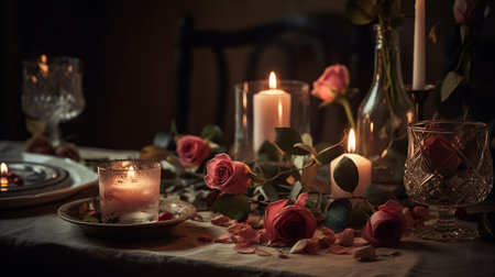 Romantic table setting with roses and candles on wooden table. Selective focus.の素材