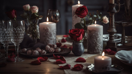 Romantic dinner with red roses, candles and chocolate eggs on wooden tableの素材