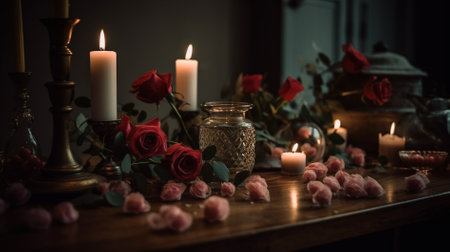 Romantic still life with roses, candles and vintage candlesticksの素材