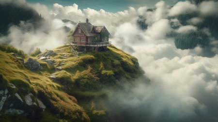 Wooden house on the top of the mountain covered with green grass.の素材
