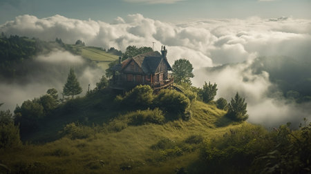 Panoramic view of a cottage in the mountains covered with cloudsの素材