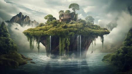 Fantasy landscape with a waterfall in the jungle. 3d renderingの素材