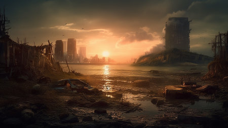 Foggy sunrise over the city. 3D Rendering.の素材