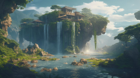 Tropical waterfall with wooden house in the jungle. 3d renderingの素材