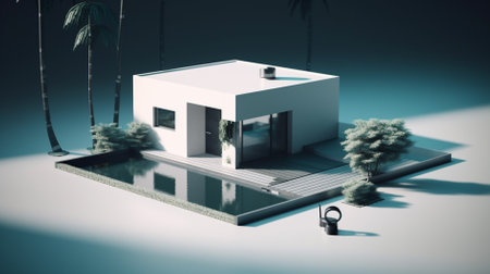 3d rendering of a modern house on the beach with palm treesの素材