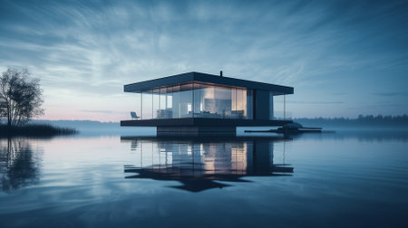 3d rendering of a modern house on a lake in the eveningの素材
