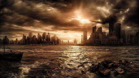 Dramatic sky over the city with a stormy sea.の素材