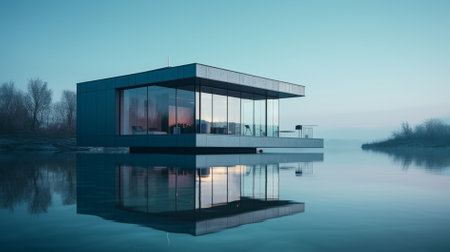 3d rendering of a modern house with a lake in the backgroundの素材