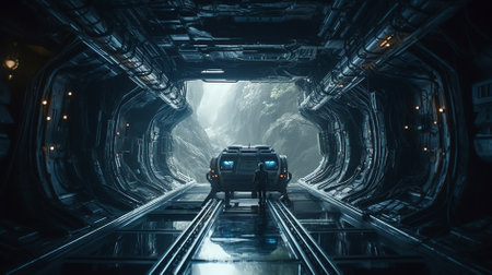 Futuristic spaceship interior with glowing lights and tunnel 3d renderingの素材