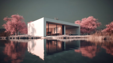 3d rendering of modern cozy house with pool and parking for sale or rent in luxurious style and beautiful landscaping around.の素材