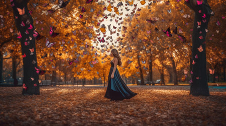 Beautiful young woman in the autumn park with falling leaves and flying butterfliesの素材